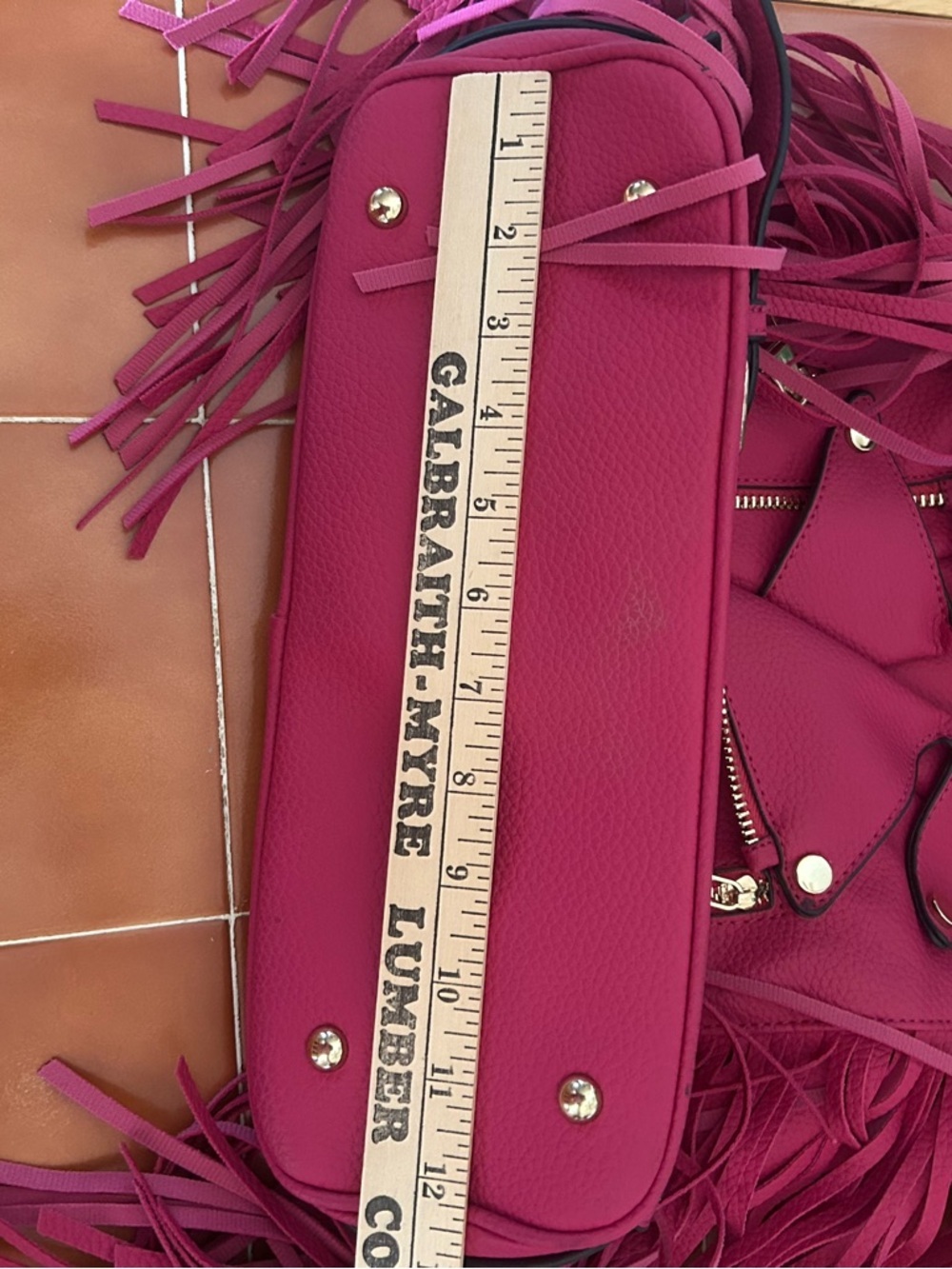 Pink Fringe Motorcycle Jacket Purse Bag Gold Tone Hardware - Picture 10 of 12